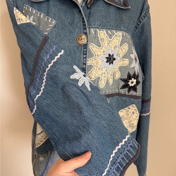Vintage Karen Hart Blue Denim Jean Chore Jacket Womens XL Patchwork Eclectic 90s - Picture 3 of 5